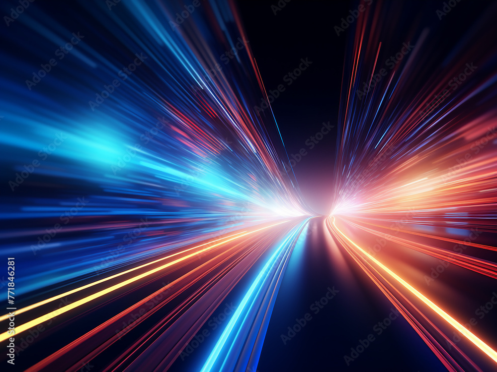 Neon lights convey motion in futuristic 3D rendering.