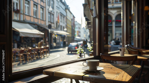 a sunny morning sitting at a window peering out on a street in the heart of Frankfurt. Outside the window is cafe-style