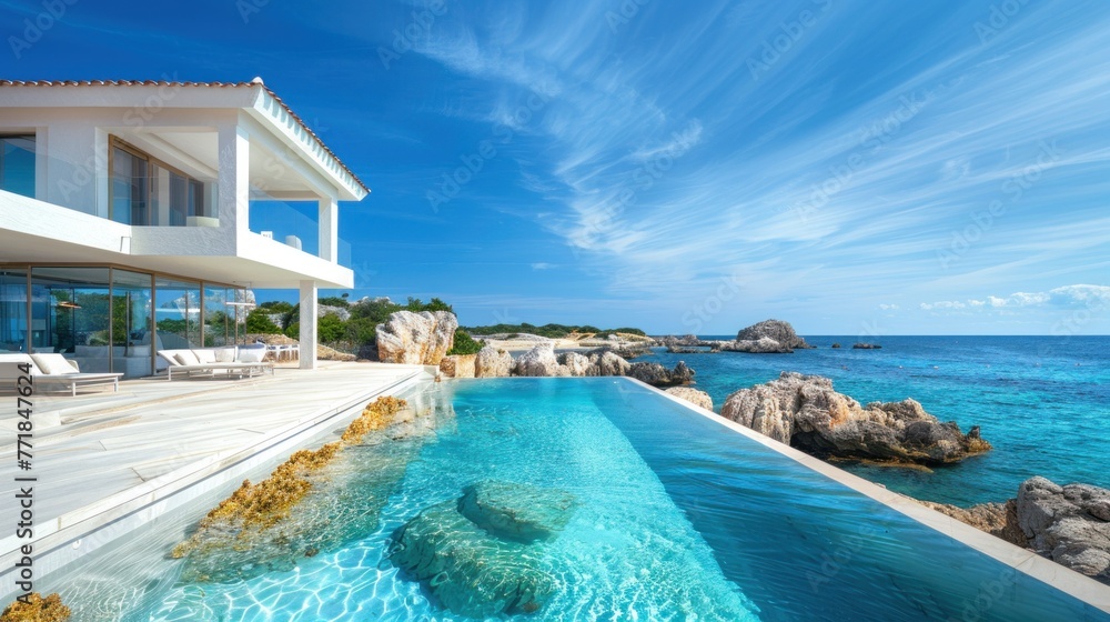 the villa, beach and blue lagoon overlooking a beautiful white and beige, light sky-blue and gold, vacation