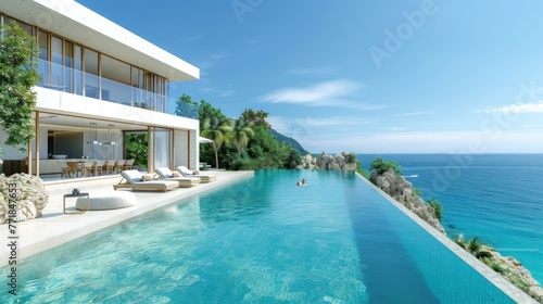the villa  beach and blue lagoon overlooking a beautiful white and beige  light sky-blue and gold  vacation