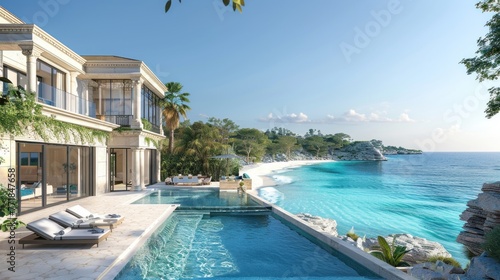 the villa, beach and blue lagoon overlooking a beautiful white and beige, light sky-blue and gold, vacation photo