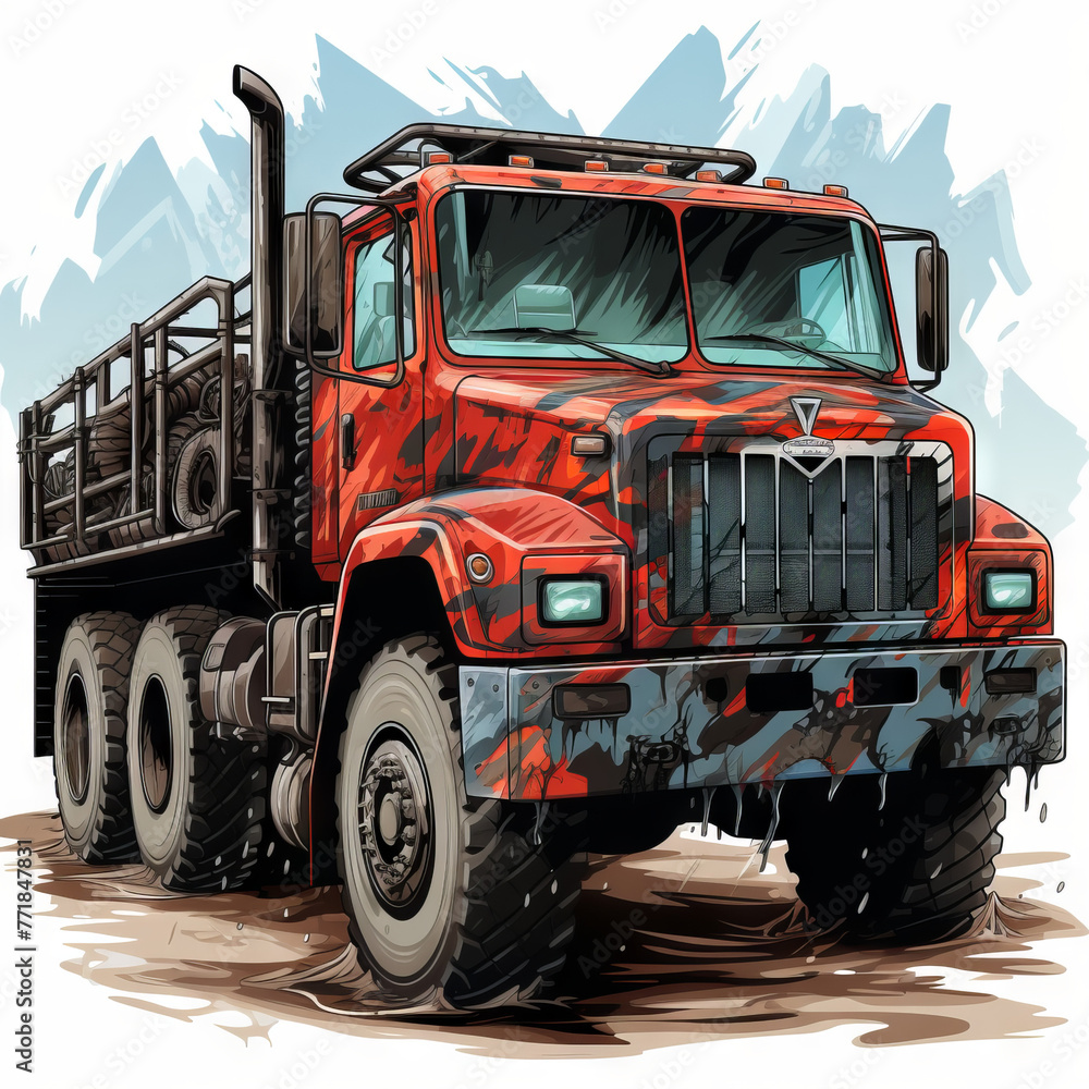 Red Titan: A Detailed Illustration of a Heavy-Duty Dump Truck in Mountain Terrain Red Titan: A Detailed Illustration of a Heavy-Duty Dump Truck in Mountain Terrain