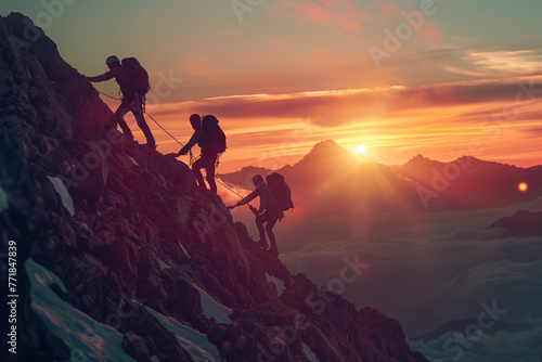 Team efffort and leadership. People climbing on the mountain peak and helping each other. High quality photo © Starmarpro
