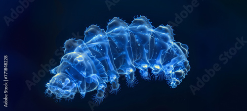 microscopic photo of a transparent tardigrade under blue light