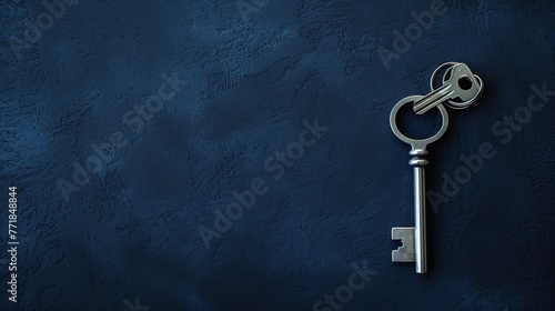 A shiny silver key resting on a plain dark navy surface, minimalist presentation, stock photography ai generated high quality image © SazzadurRahaman