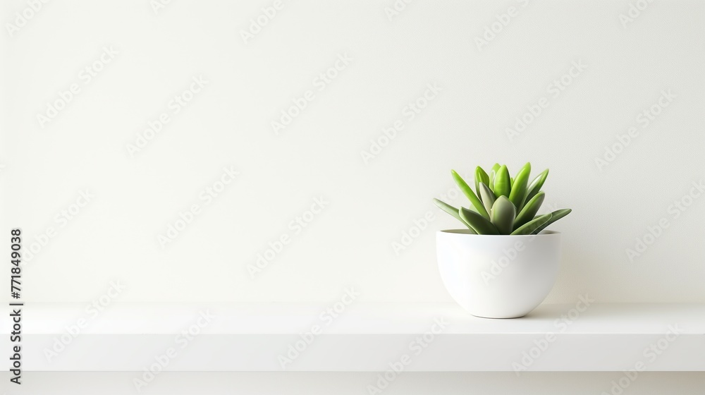 A lone succulent plant positioned on a clean, minimalist white shelf, stock photography generative ai images