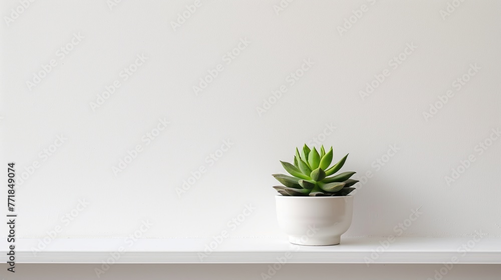 A lone succulent plant positioned on a clean, minimalist white shelf, stock photography generative ai images