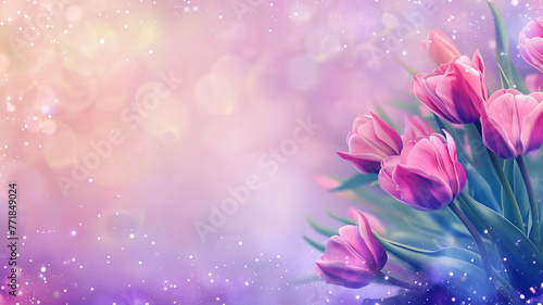 Tulips with glitter bokeh background. Copy space.