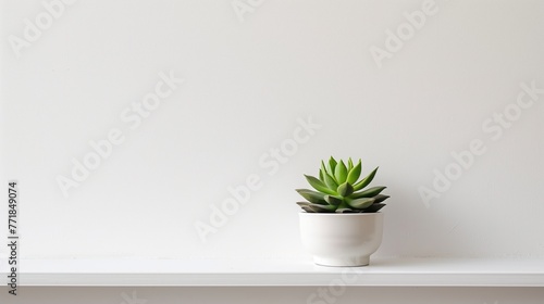 A lone succulent plant positioned on a clean, minimalist white shelf, stock photography generative ai images © SazzadurRahaman