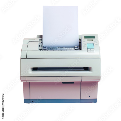 Office equipment, electronic device, printer with magenta paper coming out on a transparent background