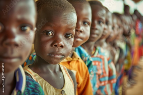 A close-up portrait of African children lined up, with a boy in a bright shirt making direct eye contact