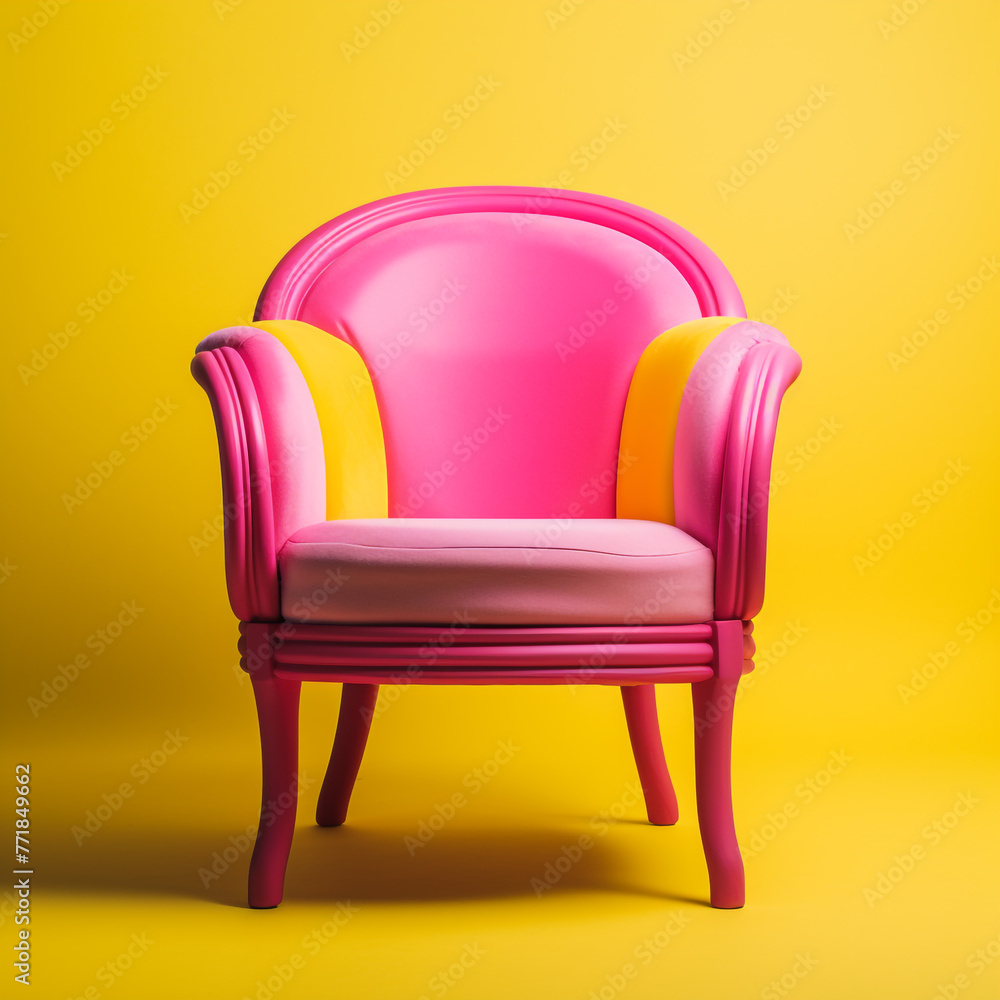 A colorful chair with yellow legs sits on a pink