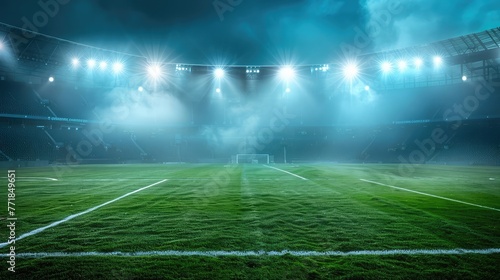 Sports stadium with a lights background, Textured soccer game field with spotlights fog midfield Concept of sport, competition, winning, action, empty area for championships, studio room, night view photo