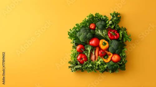 House made of made with assorted raw vegetables on yellow background. Organic food, farming, harvest concept. Healthy eat, dieting, vegetarian. Keto diet