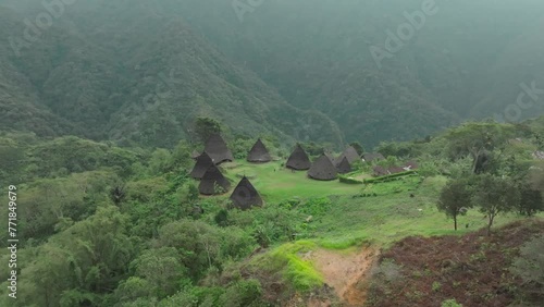 Aerial view of the remote and mysterious village of Wae Rebo, Indonesia