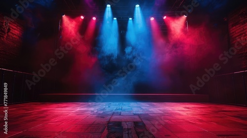 Spotlit Triumph: Podium Illuminated by Red and Blue Spotlights - Victory, Recognition, and Dynamic Achievement Centerstage in a Dazzling Presentation