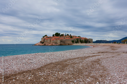 A view of the famous small island Sveti Stefan on the Adriatic coast of Montenegro near city of Budva