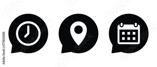 Time, address, and date icon on speech bubble