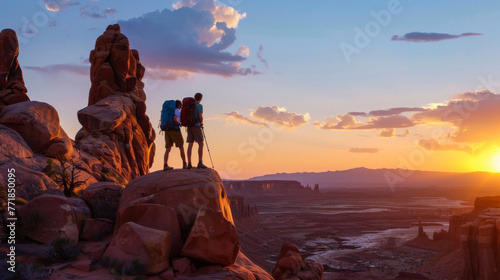 Two hikers on rock formations in Arches National Park near Moab Utah at sundown. photo