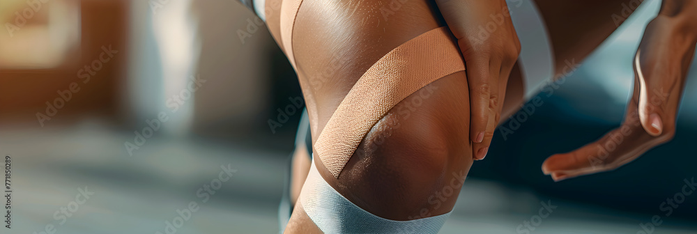Close-Up View of Kinesiology Therapeutic Tape Applied on a Person's Knee Providing Support and Relief - obrazy, fototapety, plakaty 