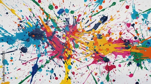 A lively painting showcasing an explosion of colorful paint splatters against a clean white background, Splatters of vibrant colours randomly arranged on a bright canvas,