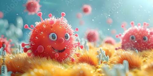 Cartoon Viruses in Comical Scenarios: A Whimsical Depiction of Infectious Microorganisms. Concept Virus Art, Whimsical Illustrations, Microbe Cartoons, Comical Infections, Infectious Humor © Ян Заболотний