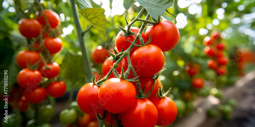 Cherry Tomatoes On Vine, tomatoes in the garden, Red tomatoes hanging in a green house for healthy food concept background, Tomatoes plant growth in garden, Generative AI
