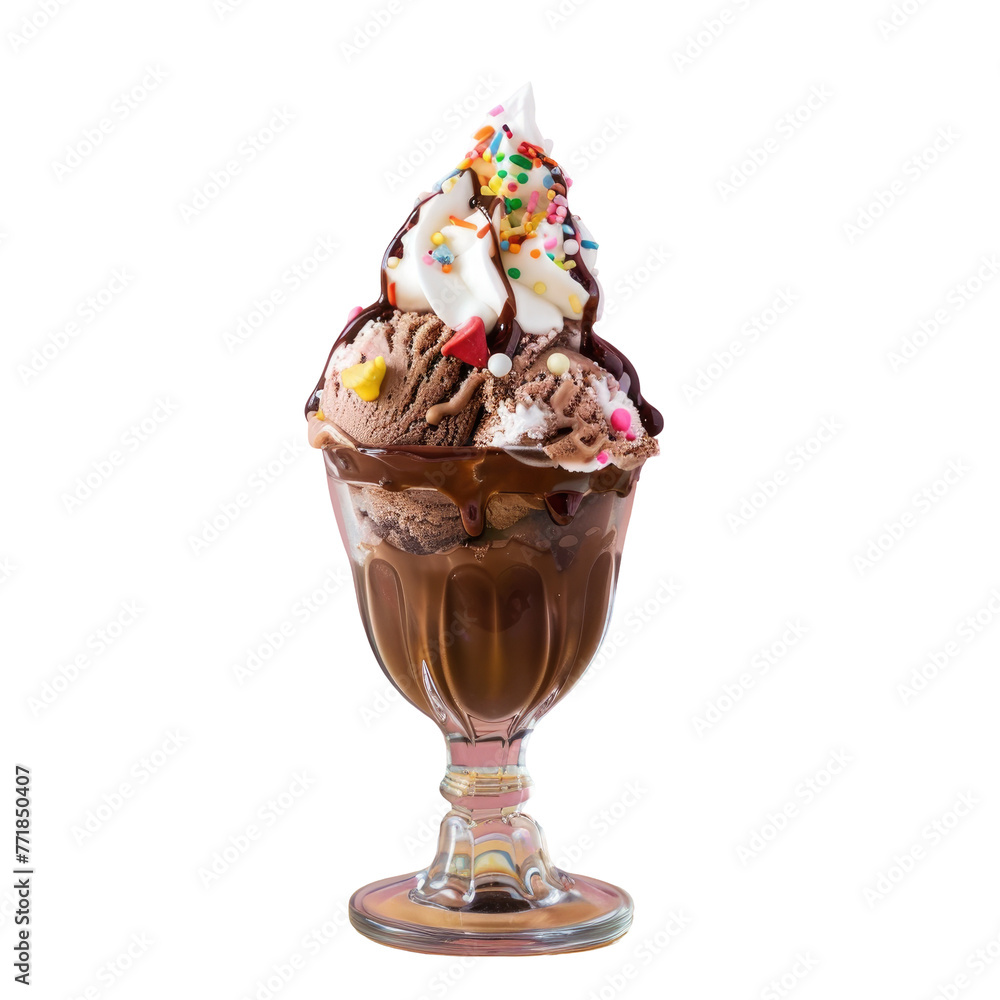 Choco ice cream sundae w whipped cream sprinkles in glass on transparent background Choco ice cream sundae w whipped cream sprinkles in glass on transparent background