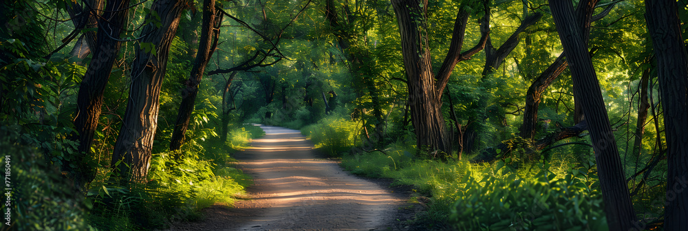 Serene Canopy: A Picturesque Hiking Trail Enveloped in Lush Greenery in Kansas City - obrazy, fototapety, plakaty 