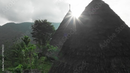 Aerial view of the remote and mysterious village of Wae Rebo, Indonesia