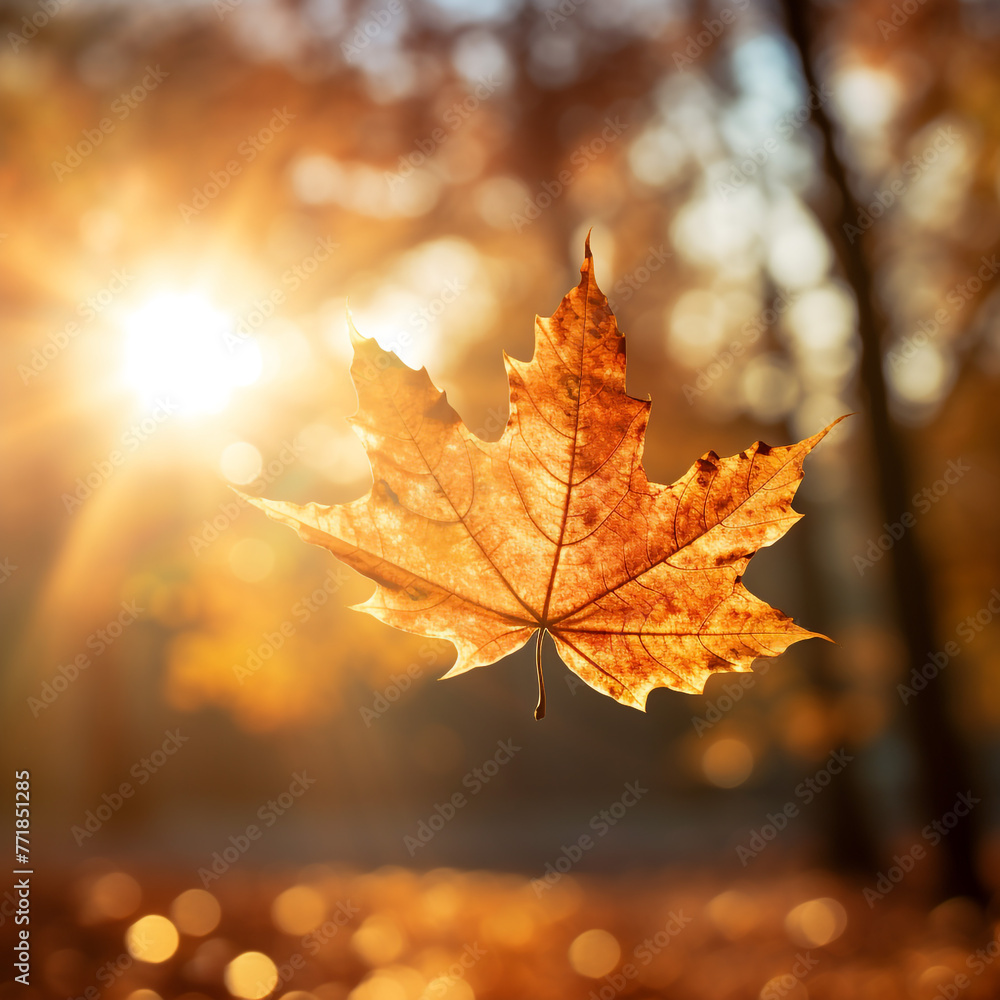 Autumn orange leaf in sun autumn has come concept