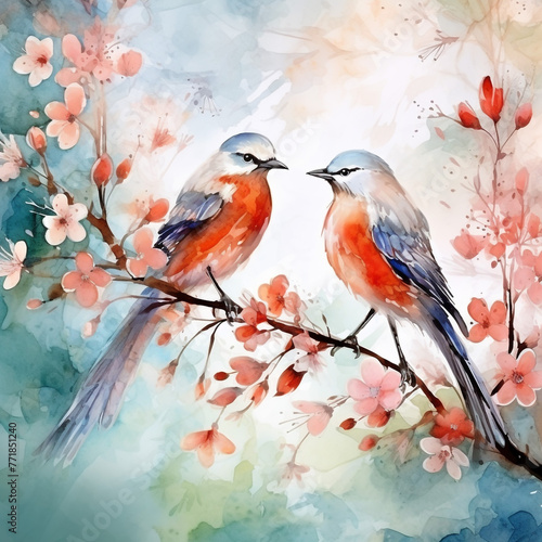 Asian flower watercolor background with birds