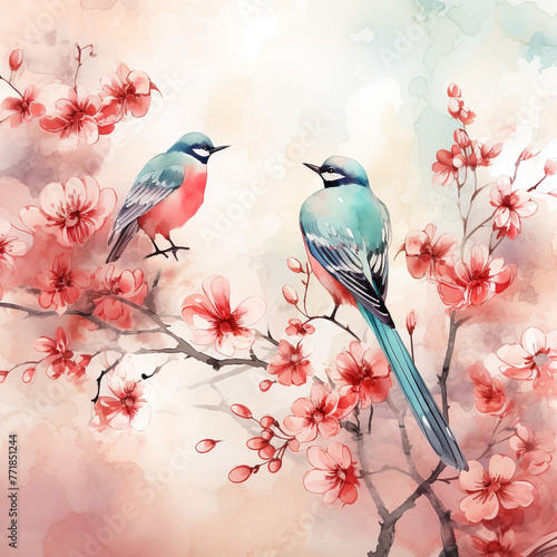 Asian flower watercolor background with birds