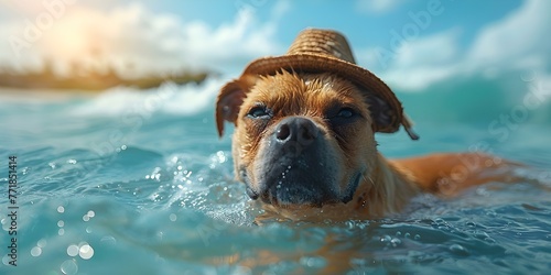 A playful and comical vacation scene featuring a surfing dog in a hat. Concept Vacation Scenes, Surfing Dog, Comical Moments, Pet Photography, Beach Hats