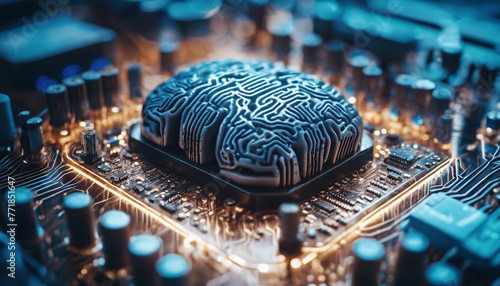 A futuristic AI brain concept: A central microchip labeled AI on a circuit board with glowing blue lines and electronic components.