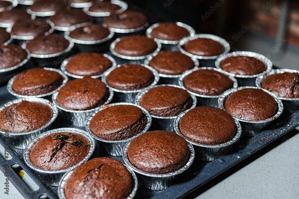 Freshly Baked Chocolate Muffins in Rows. Rows of freshly baked chocolate muffins cooling on a tray, with a rich brown color and a cracked top texture. Freshly Baked Chocolate Muffins in Rows. Rows of freshly baked chocolate muffins cooling on a tray, with a rich brown color and a cracked top texture.