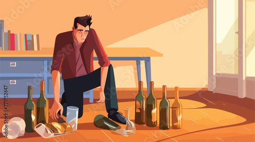 Drunk man standing among empty bottles on the floor