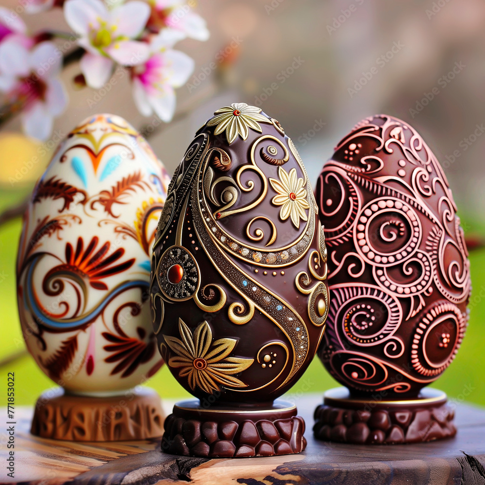 Fototapeta premium Ornate chocolate Easter eggs from above