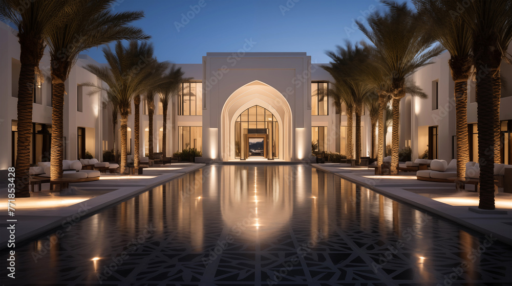 Beautiful interior of an Arabian style building with a pool and lounge area surrounded by palm trees.