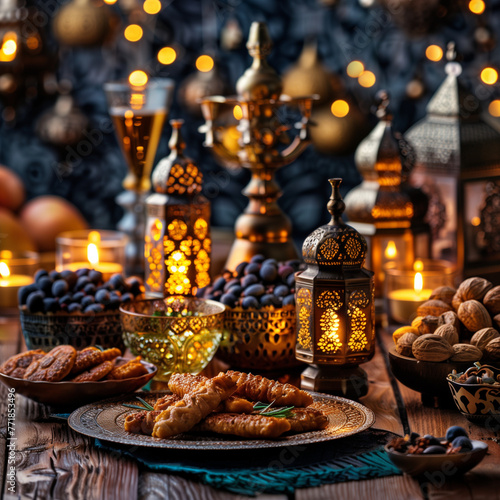 An ornate table setting showcasing Ramadan delicacies, lit by lanterns.Generative Al