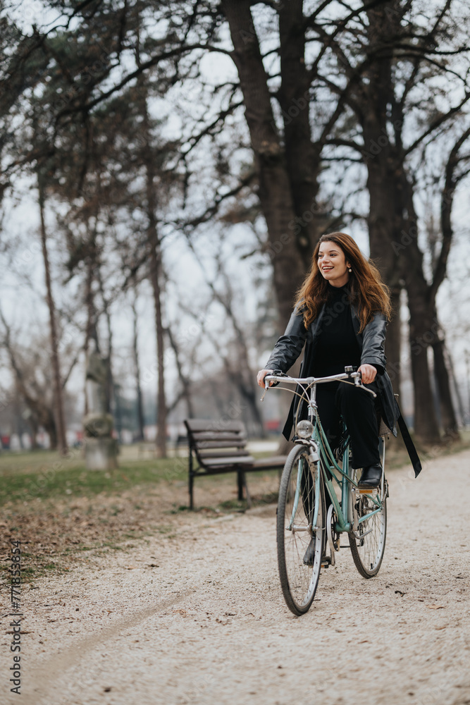 An attractive, young businesswoman enjoys a bike ride in the park, exuding style, elegance, and confidence. An attractive, young businesswoman enjoys a bike ride in the park, exuding style, elegance, and confidence.