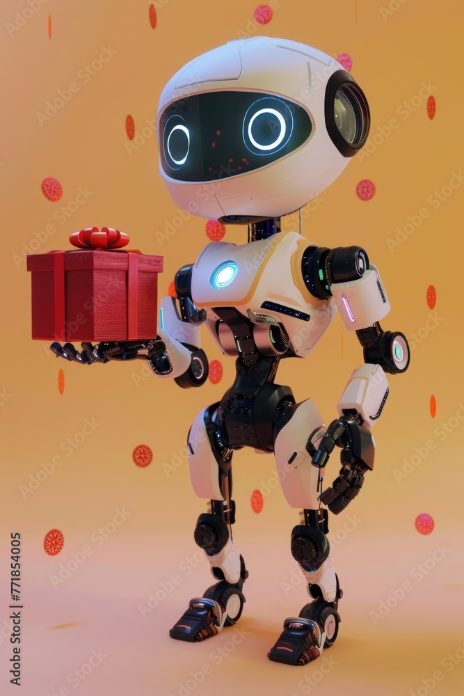 Android holding out a gift box with a sweet look. Android holding out a gift box with a sweet look.