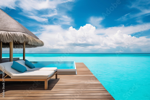 Beautiful tropical landscape with overwater villa, wooden patio and infinity pool photo