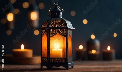 Modern Islamic holiday banner suitable for Ramadan, Raya Hari, Eid al-Adha and Mawlid. A lit lantern on an evening background © Xabi