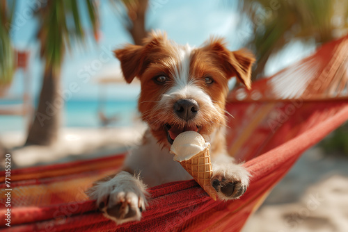 Happy Dog on hammock in summer with ice cream. Jack russell dog relaxing on a fancy red hammock or lounger, He holds cold vanilla ice cream in his hand, on summer vacation holidays at the beach