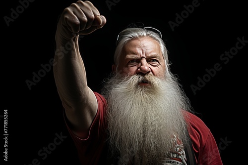 Old man with a long white beard raising his fist in front of a black background with a serious expression on his face and looking at the camera with determination and power.