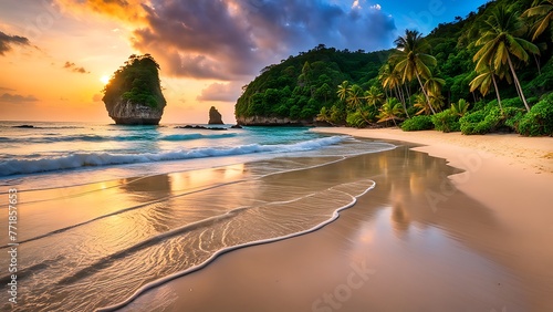 Tropical beach with palm trees and sand at sunset