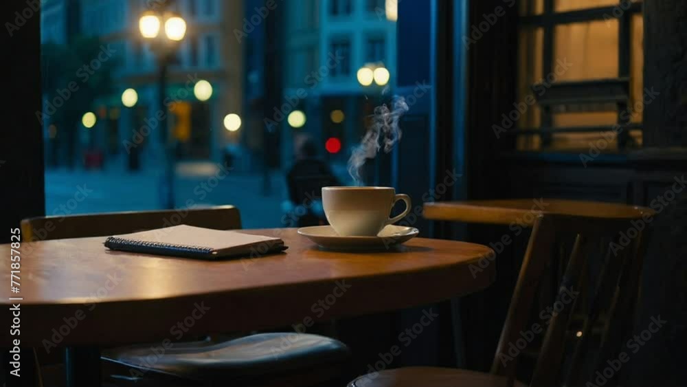 Cup of coffee and laptop in cafe, seamless looping 4k animation video background Cup of coffee and laptop in cafe, seamless looping 4k animation video background