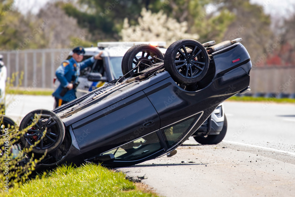 Vehicle rollover highway road accident with police