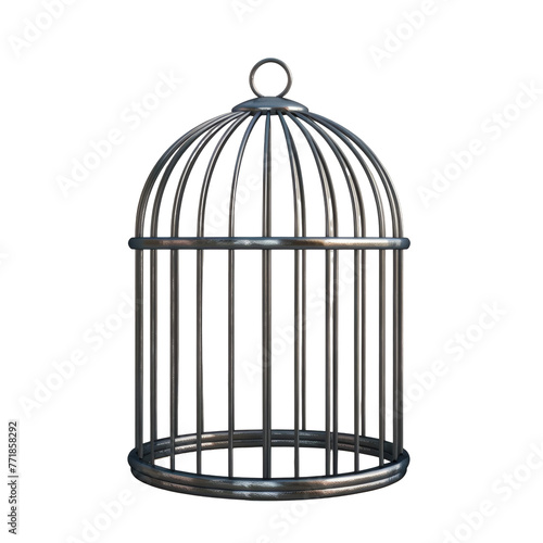 Metal bird cage with intricate grille pattern on transparent background